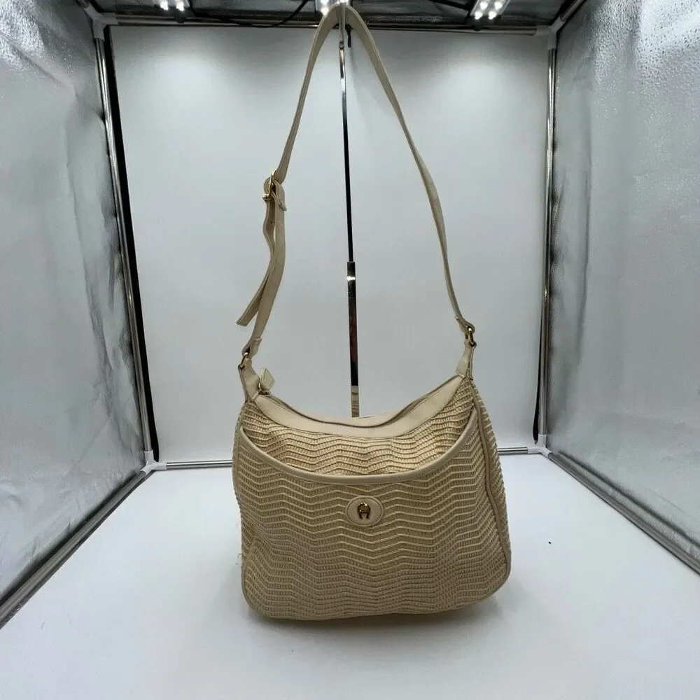 Etienne Aigner Vintage Cream Basket Weave Straw Handbag Neutral Purse